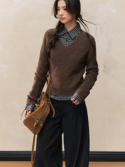 7Shiftin Chestnut Retro College Layered Pullover Shirt Women&