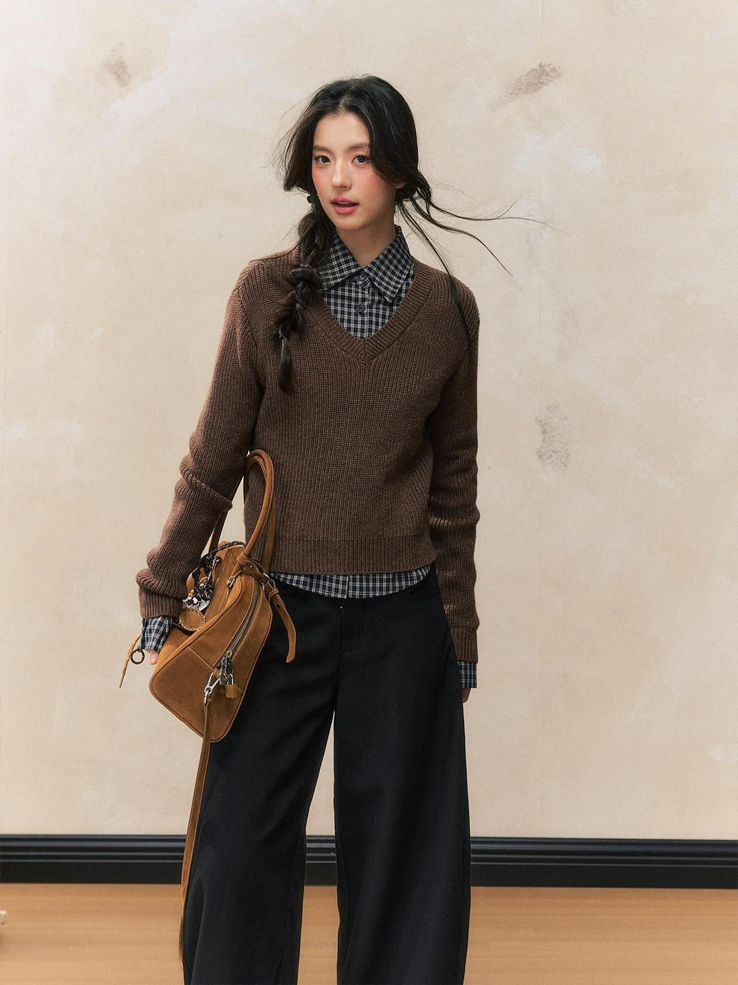7Shiftin Chestnut Retro College Layered Pullover Shirt Women&