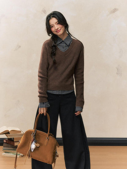 7Shiftin Chestnut Retro College Layered Pullover Shirt Women&