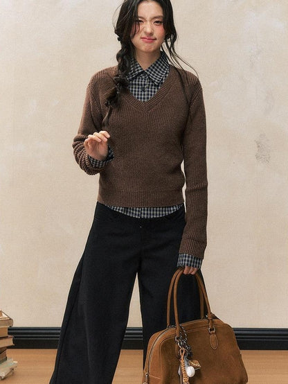 7Shiftin Chestnut Retro College Layered Pullover Shirt Women&