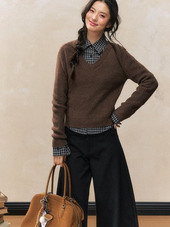 7Shiftin Chestnut Retro College Layered Pullover Shirt Women&