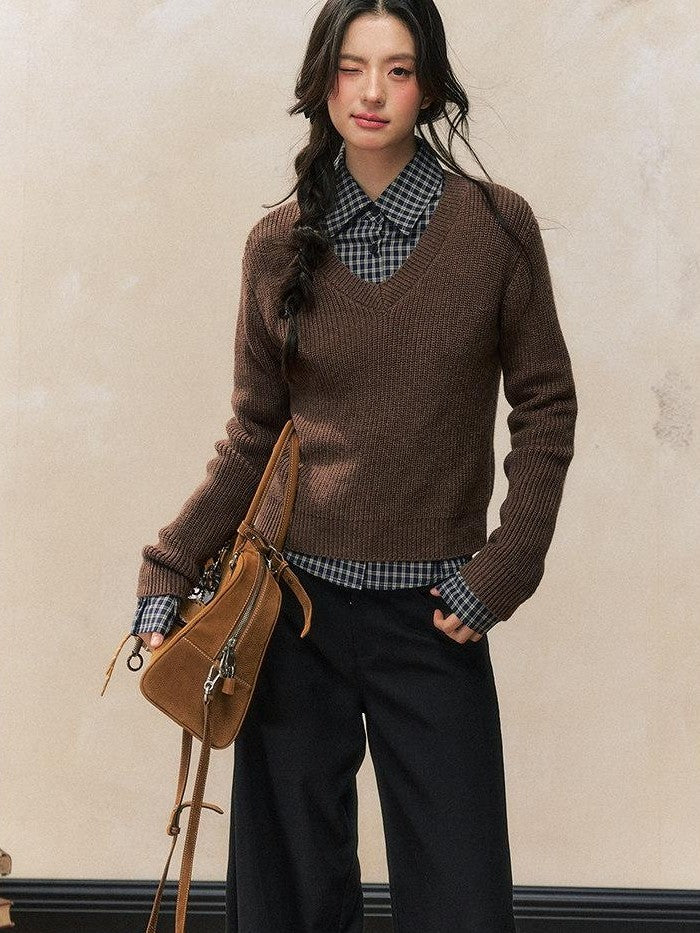 7Shiftin Chestnut Retro College Layered Pullover Shirt Women&