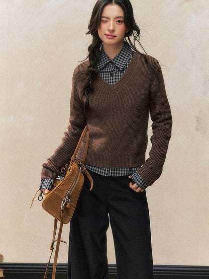 7Shiftin Chestnut Retro College Layered Pullover Shirt Women&
