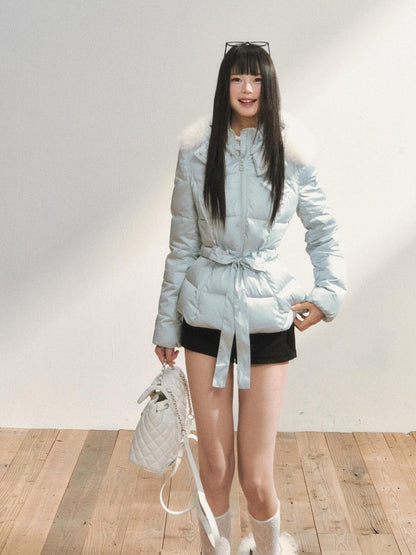 7Shiftin Colorblock Detachable Fur Hood Fitted Waist Women&
