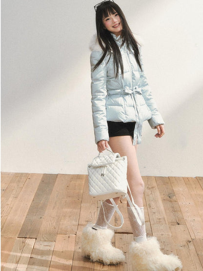 7Shiftin Colorblock Detachable Fur Hood Fitted Waist Women&