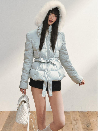 7Shiftin Colorblock Detachable Fur Hood Fitted Waist Women&