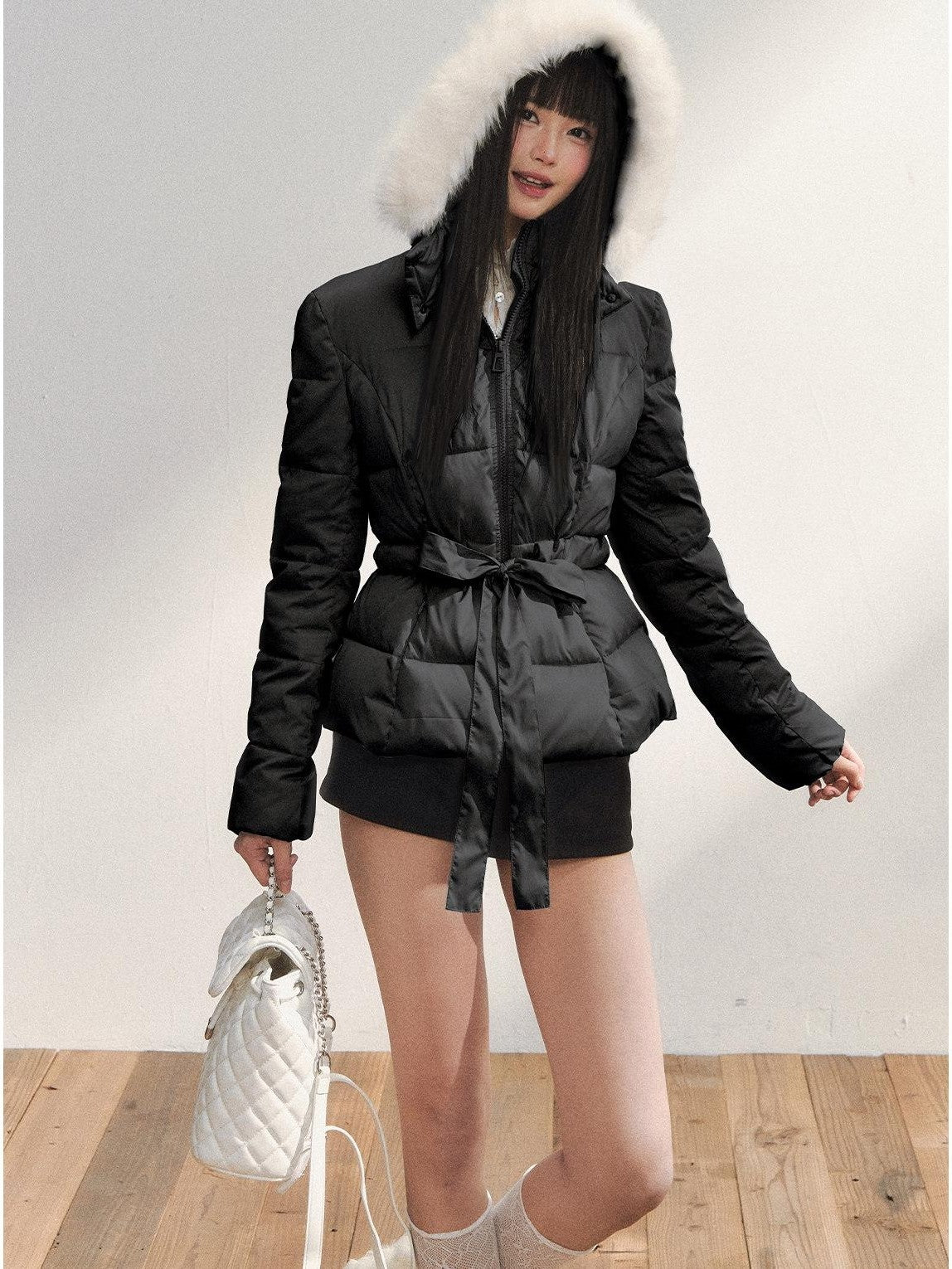 7Shiftin Colorblock Detachable Fur Hood Fitted Waist Women&