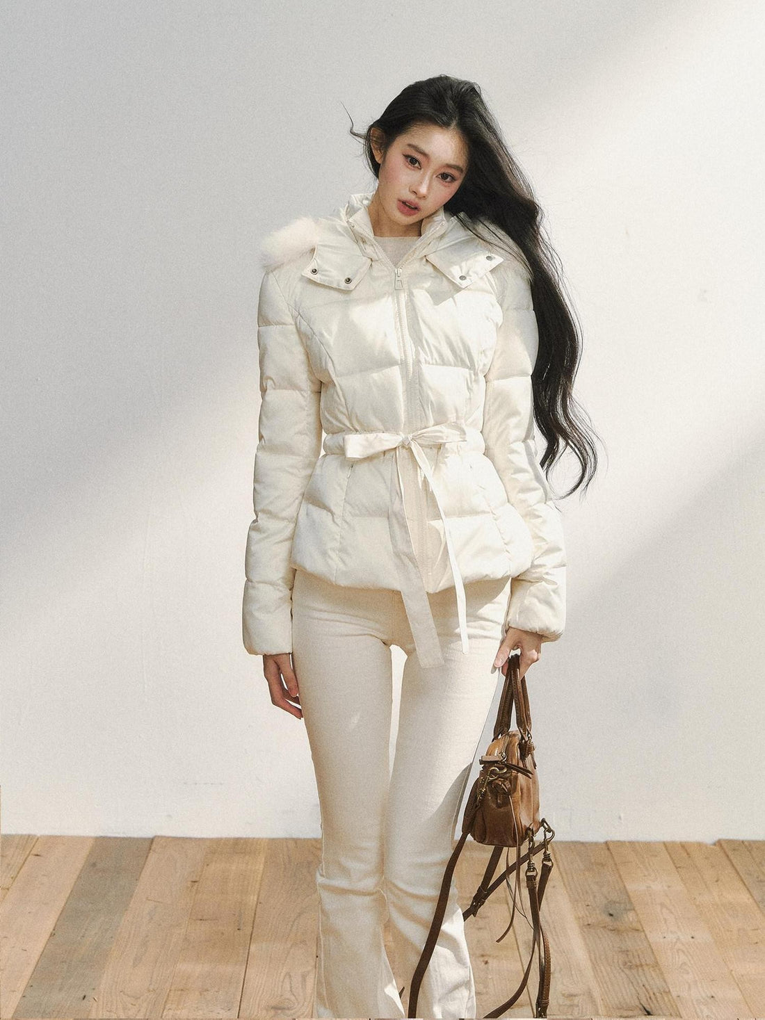 7Shiftin Colorblock Detachable Fur Hood Fitted Waist Women&