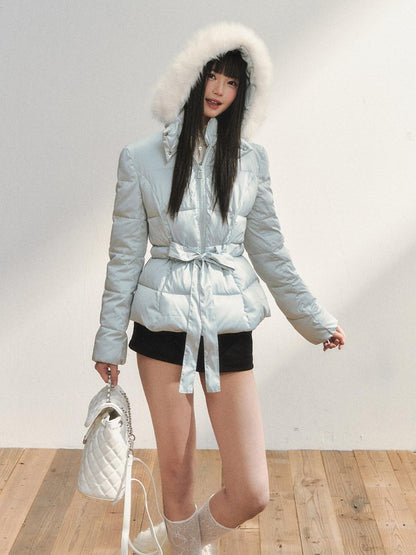 7Shiftin Colorblock Detachable Fur Hood Fitted Waist Women&