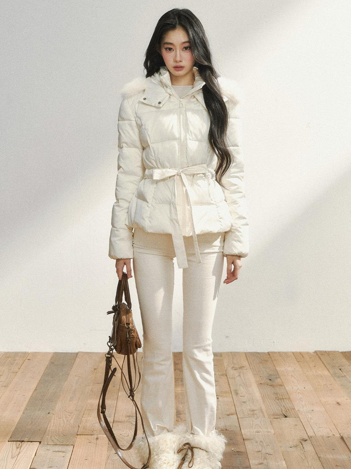 7Shiftin Colorblock Detachable Fur Hood Fitted Waist Women&