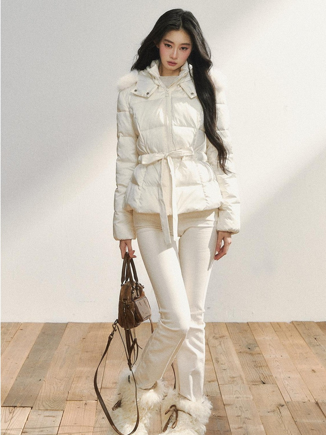 7Shiftin Colorblock Detachable Fur Hood Fitted Waist Women&