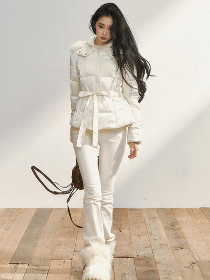 7Shiftin Colorblock Detachable Fur Hood Fitted Waist Women&