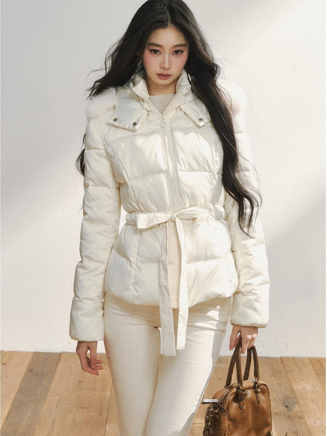 7Shiftin Colorblock Detachable Fur Hood Fitted Waist Women&