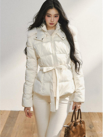 7Shiftin Colorblock Detachable Fur Hood Fitted Waist Women&