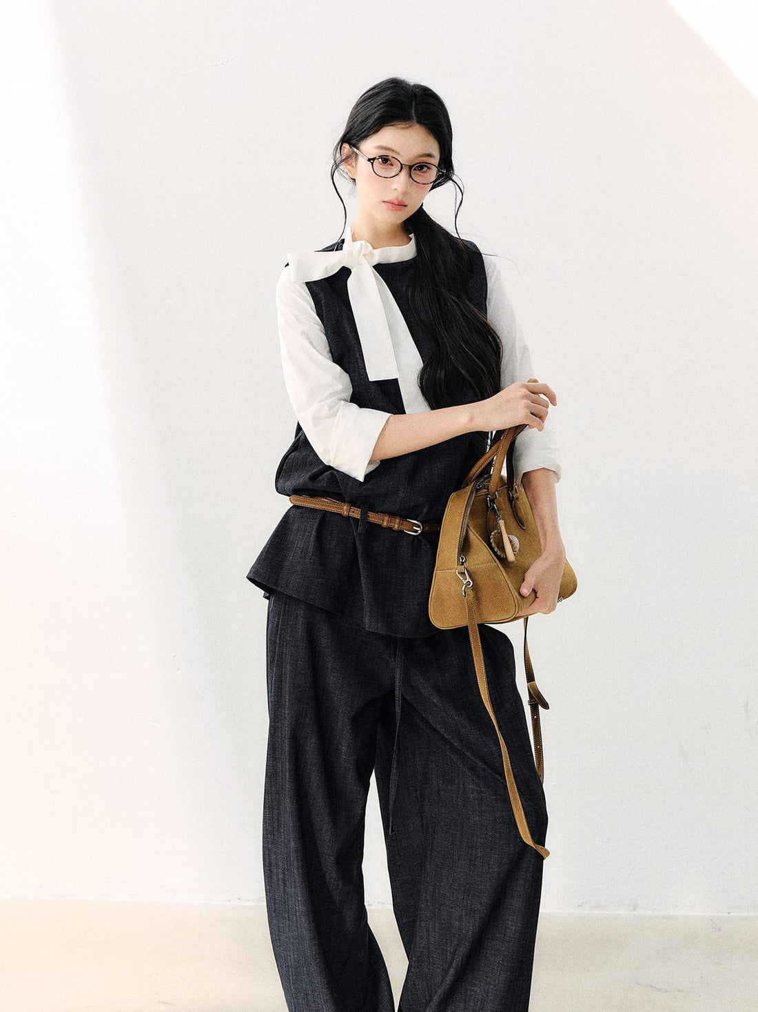 7Shiftin Colorblock Round Neck Ribbon Bow Women&