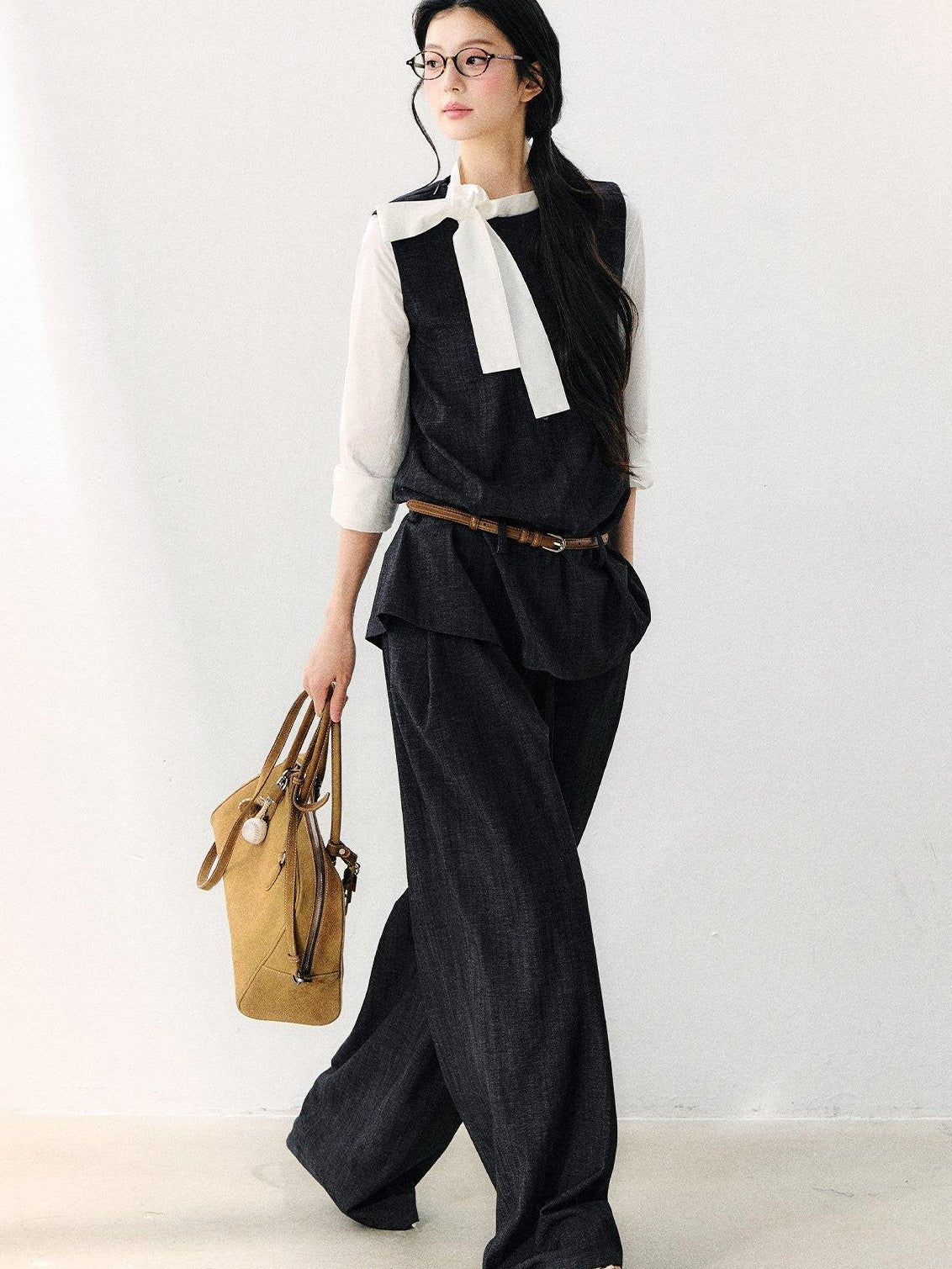 7Shiftin Colorblock Round Neck Ribbon Bow Women&