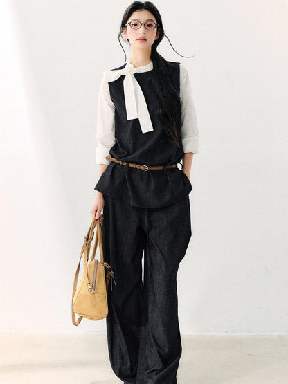 7Shiftin Colorblock Round Neck Ribbon Bow Women&
