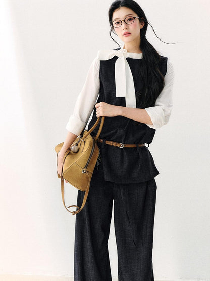 7Shiftin Colorblock Round Neck Ribbon Bow Women&