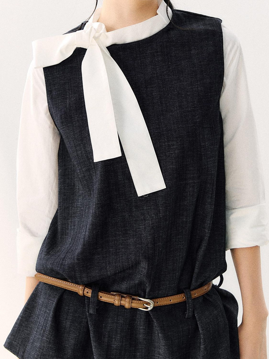 7Shiftin Colorblock Round Neck Ribbon Bow Women&