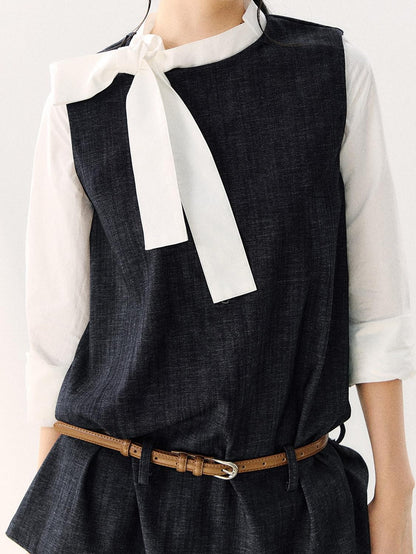 7Shiftin Colorblock Round Neck Ribbon Bow Women&