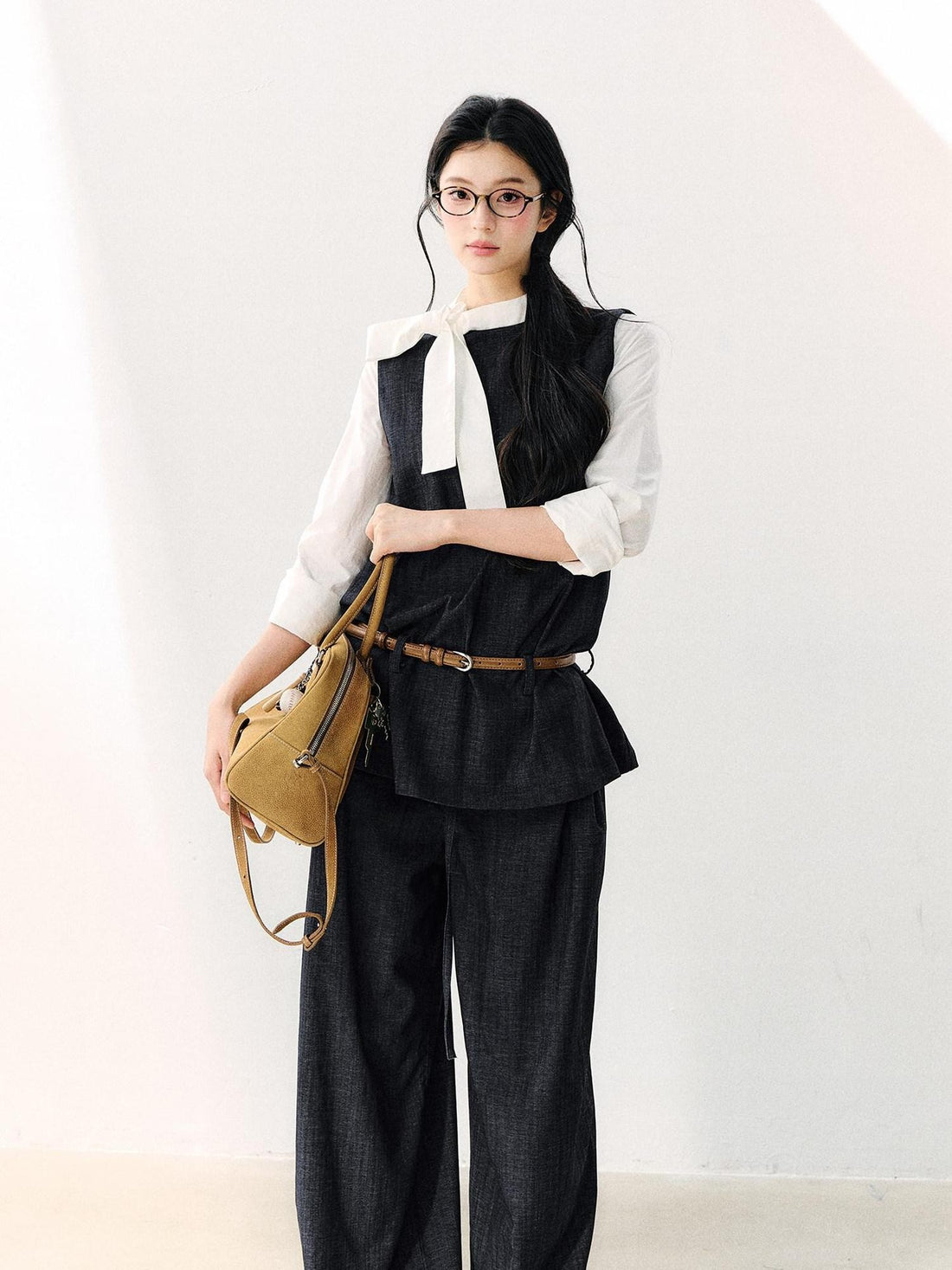 7Shiftin Colorblock Round Neck Ribbon Bow Women&