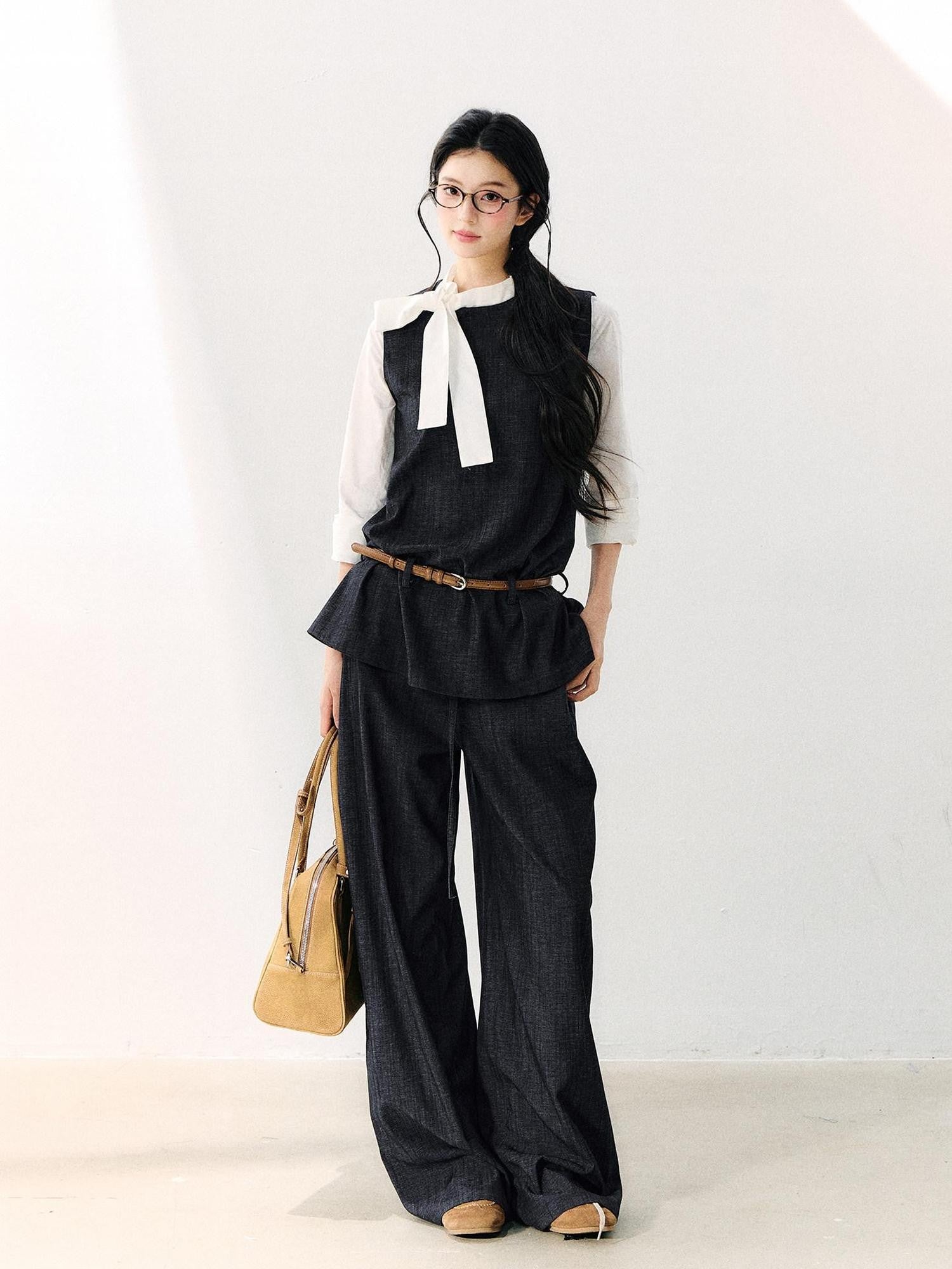 7Shiftin Colorblock Round Neck Ribbon Bow Women&