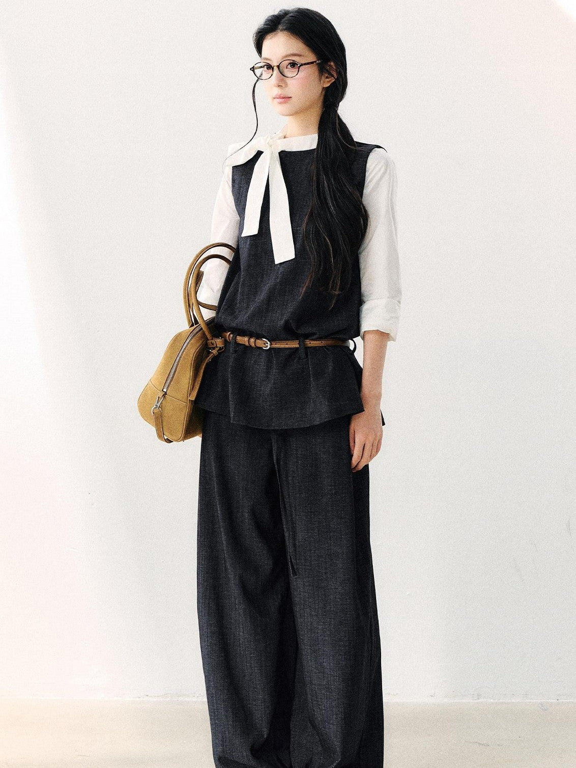 7Shiftin Colorblock Round Neck Ribbon Bow Women&