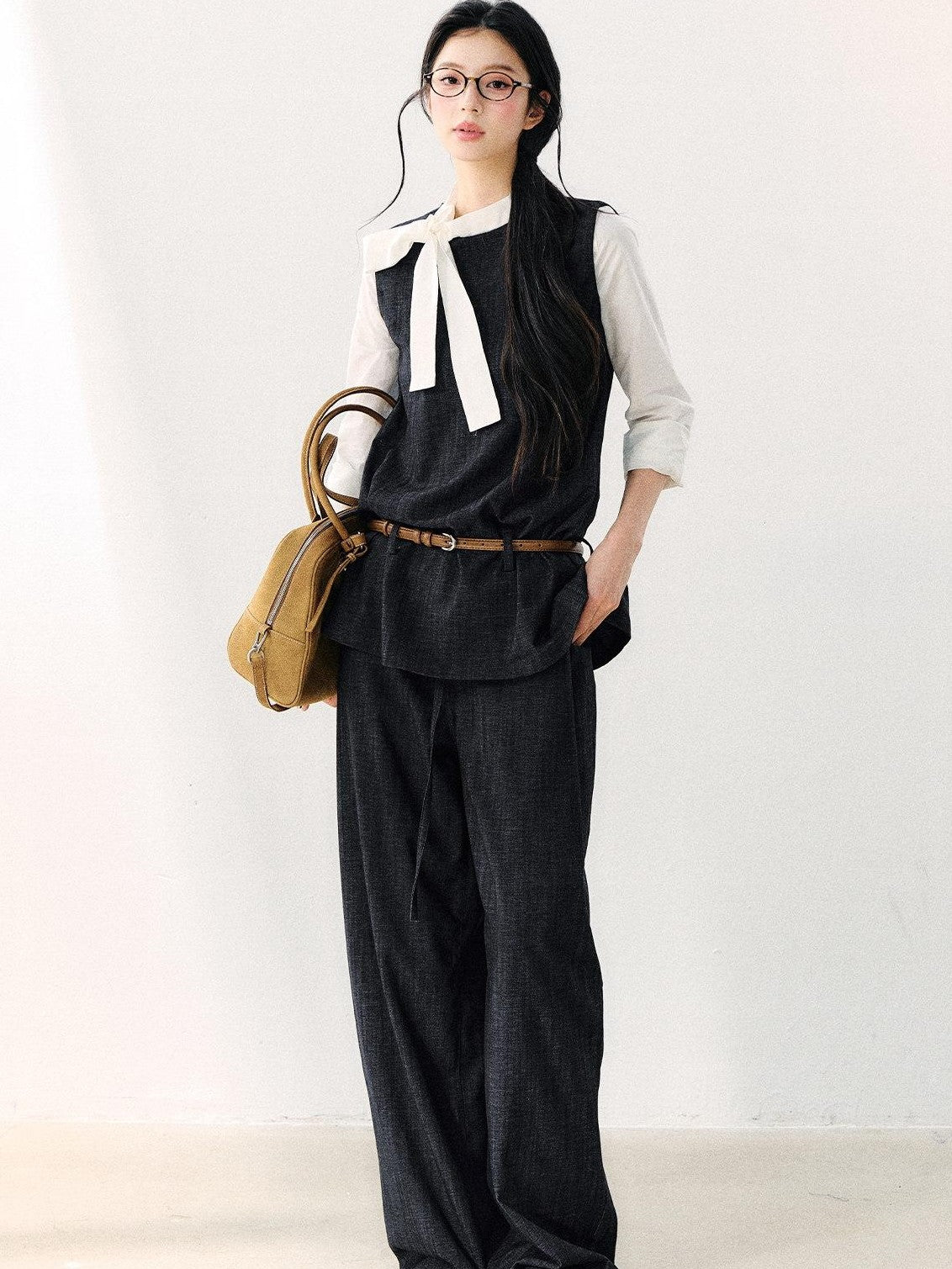 7Shiftin Colorblock Round Neck Ribbon Bow Women&