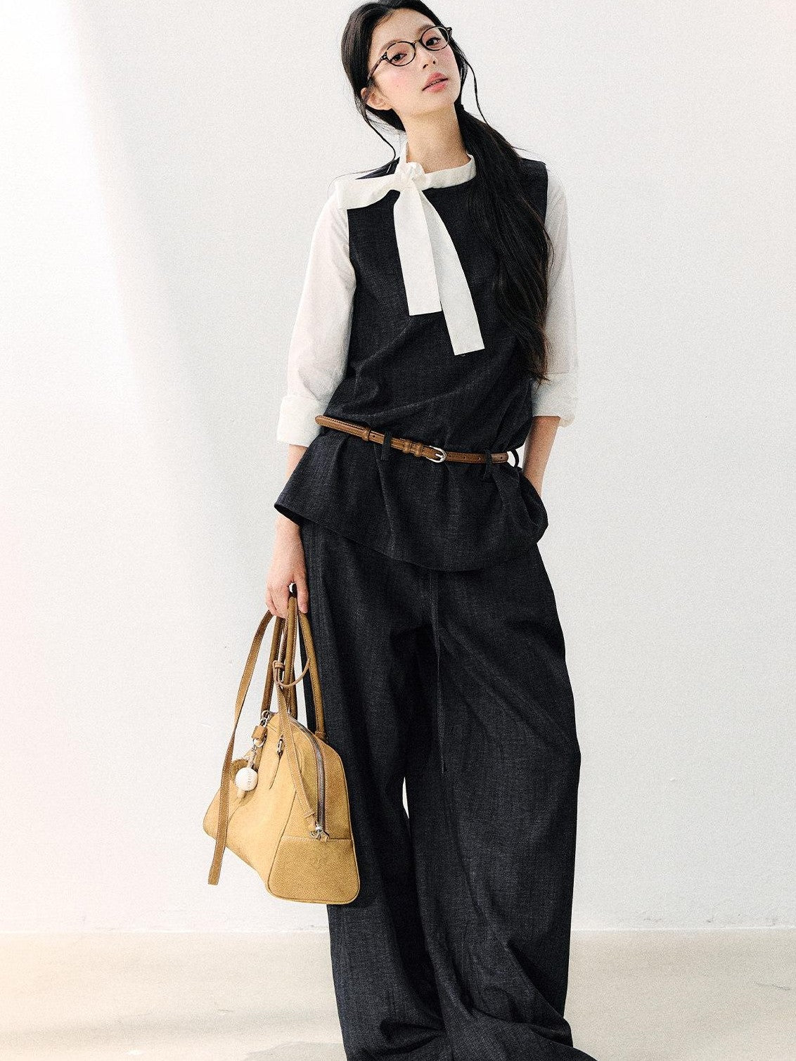 7Shiftin Colorblock Round Neck Ribbon Bow Women&