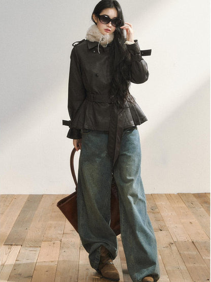 7Shiftin Deep Brown Belted Fur Collar Double Breasted Women&