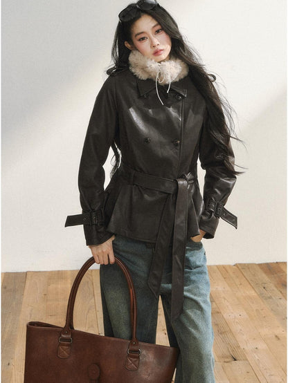 7Shiftin Deep Brown Belted Fur Collar Double Breasted Women&