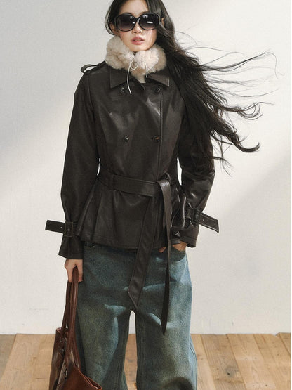 7Shiftin Deep Brown Belted Fur Collar Double Breasted Women&