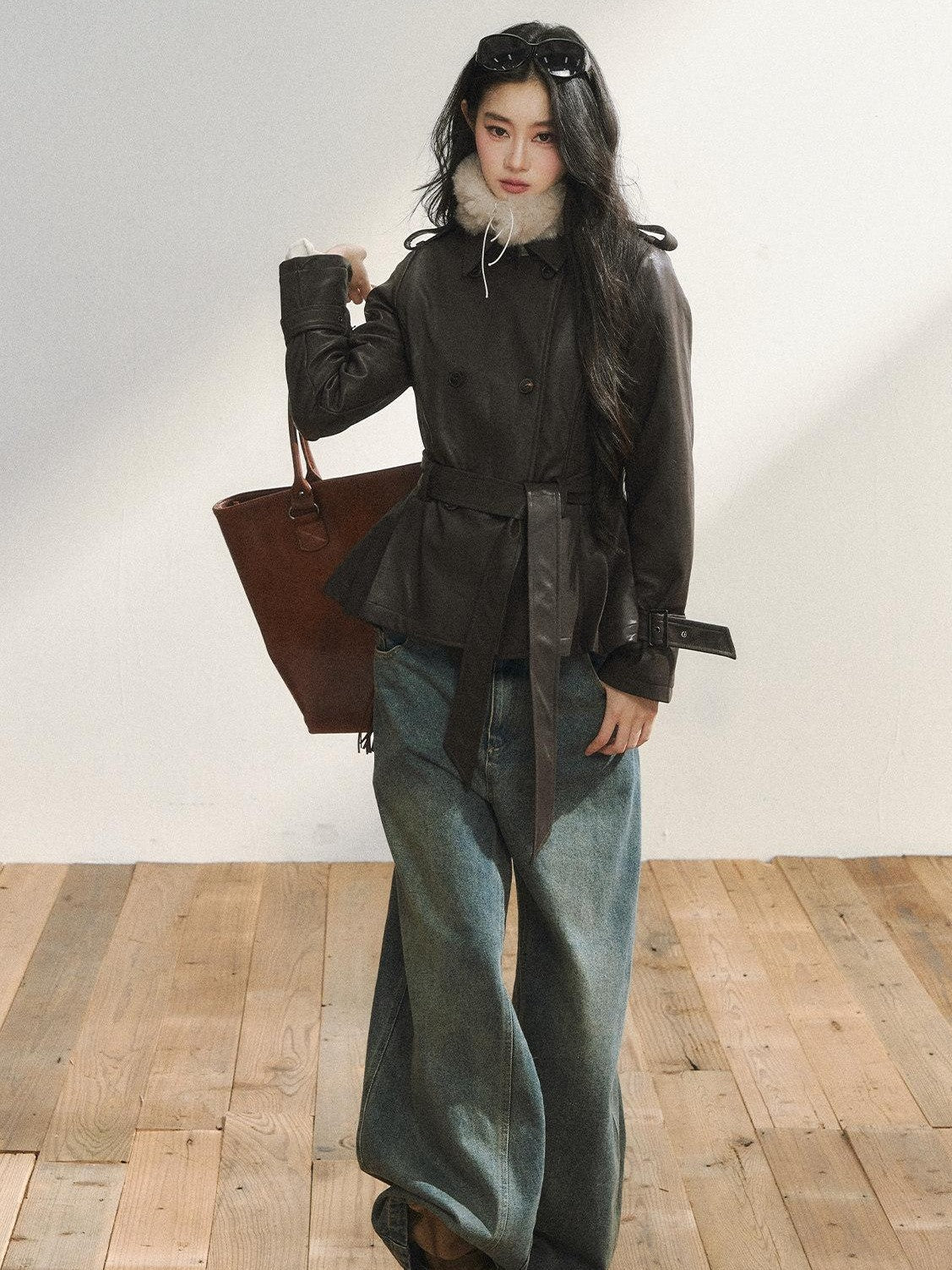 7Shiftin Deep Brown Belted Fur Collar Double Breasted Women&