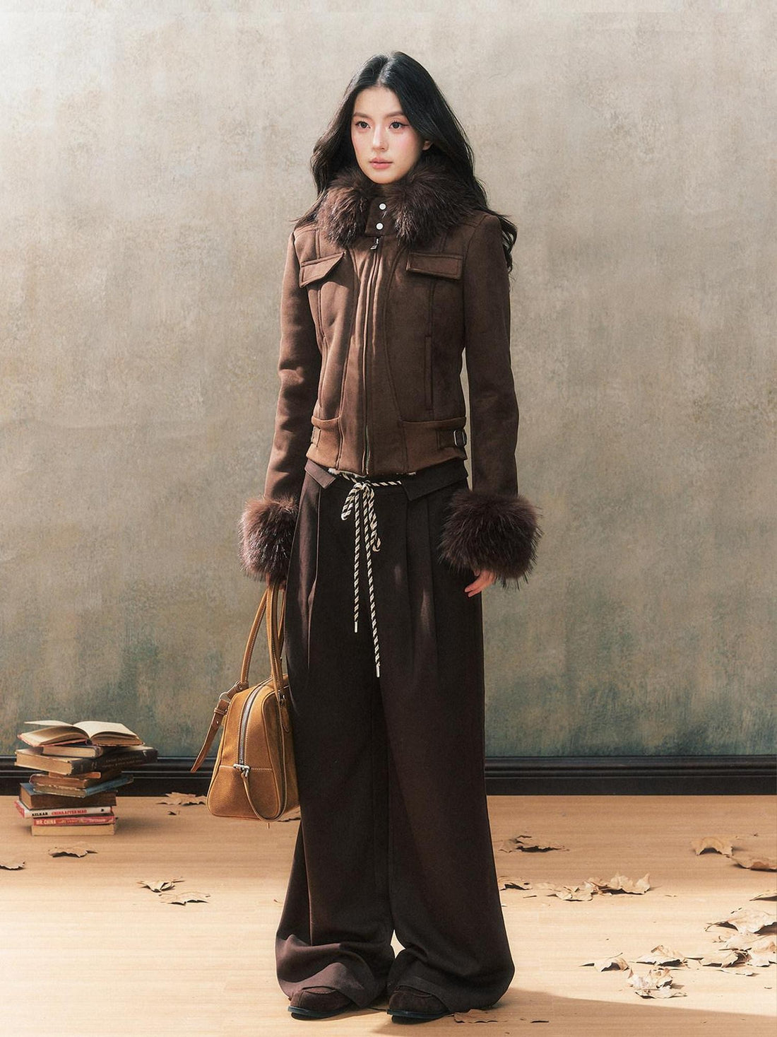 7Shiftin Deep Brown Suede Fur Collar Hooded Slim Pocket Cropped Women&