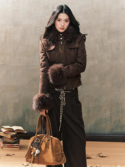 7Shiftin Deep Brown Suede Fur Collar Hooded Slim Pocket Cropped Women&