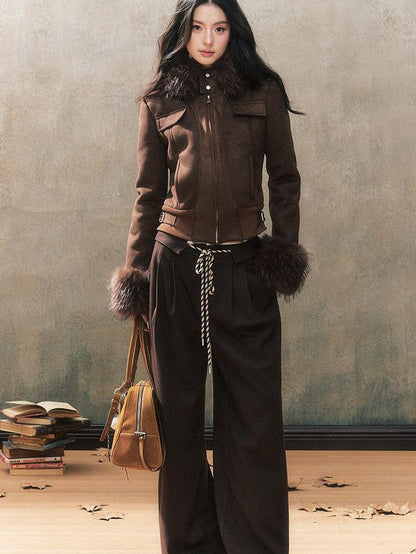 7Shiftin Deep Brown Suede Fur Collar Hooded Slim Pocket Cropped Women&
