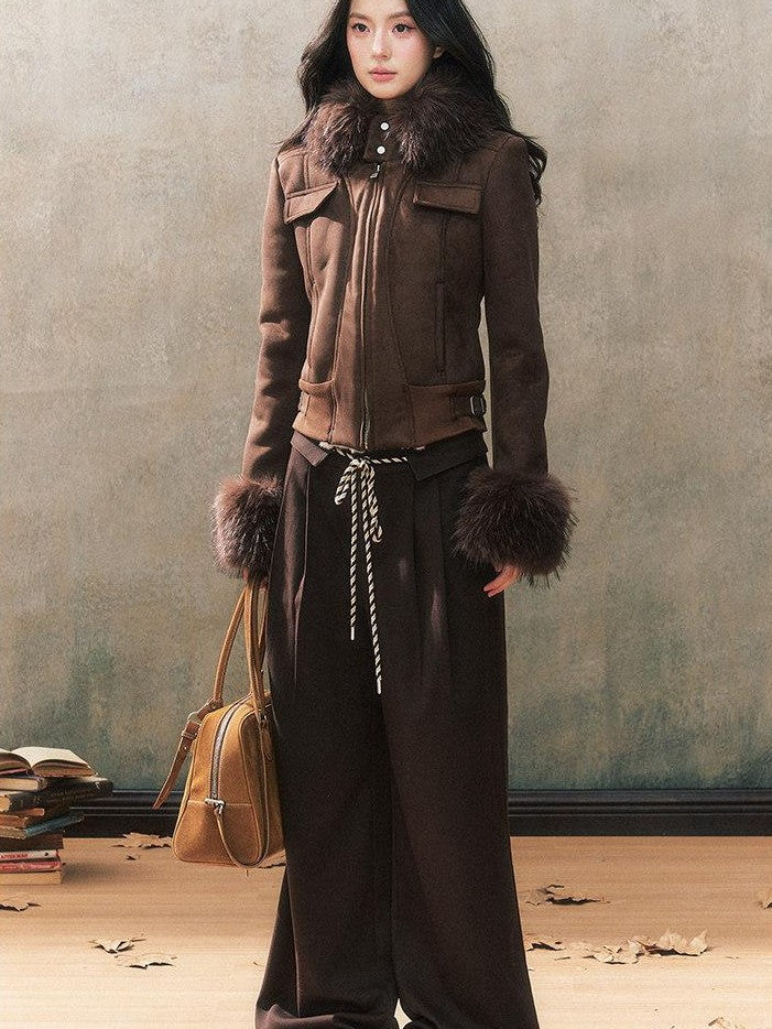 7Shiftin Deep Brown Suede Fur Collar Hooded Slim Pocket Cropped Women&