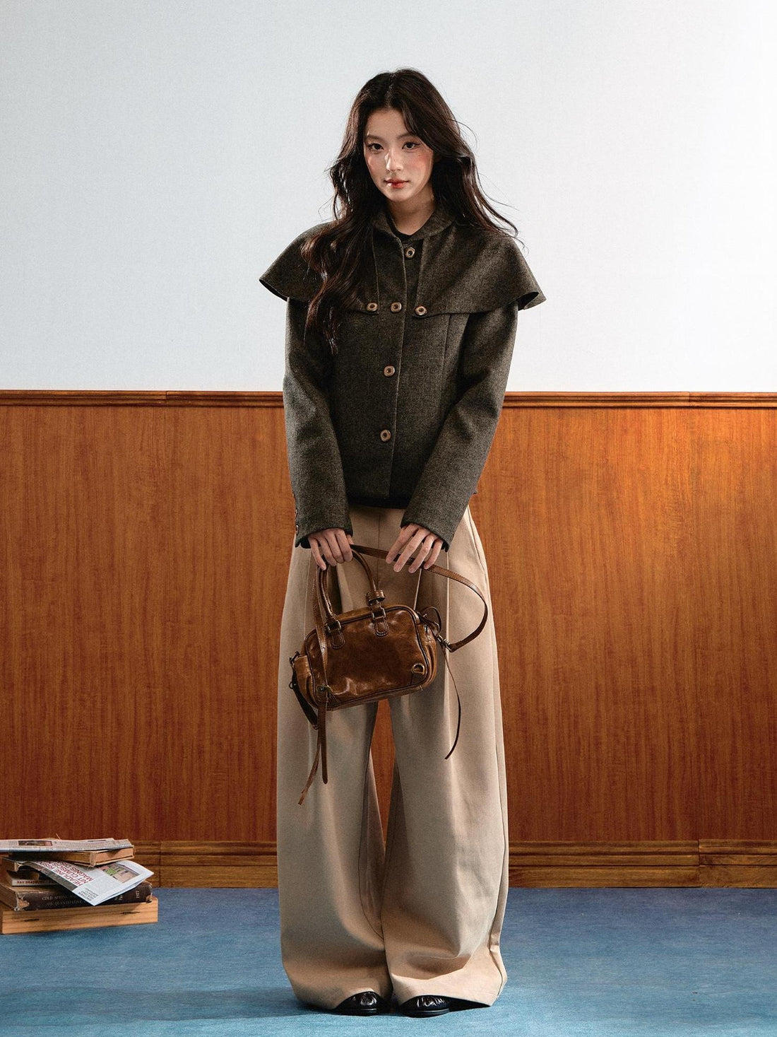 7Shiftin Detachable Cape Stand Collar Cinched Waist Women&