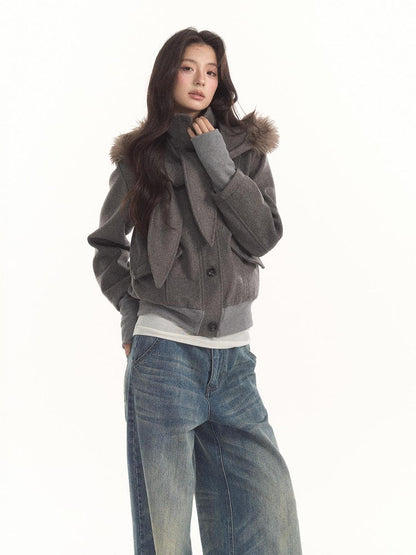 7Shiftin Detachable Scarf Collar Snap Button Wool Blend Women&