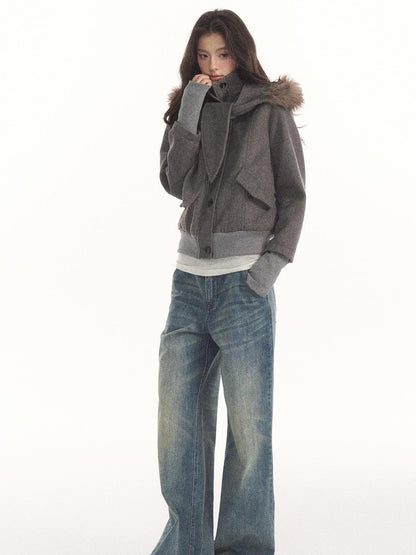 7Shiftin Detachable Scarf Collar Snap Button Wool Blend Women&
