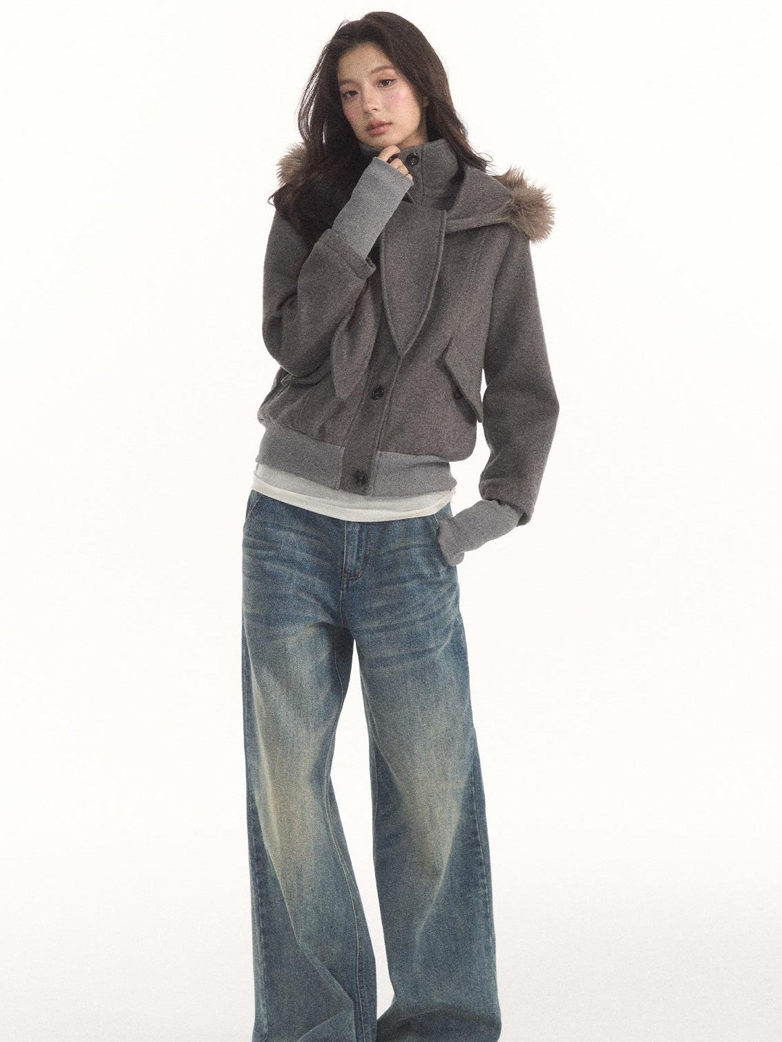 7Shiftin Detachable Scarf Collar Snap Button Wool Blend Women&