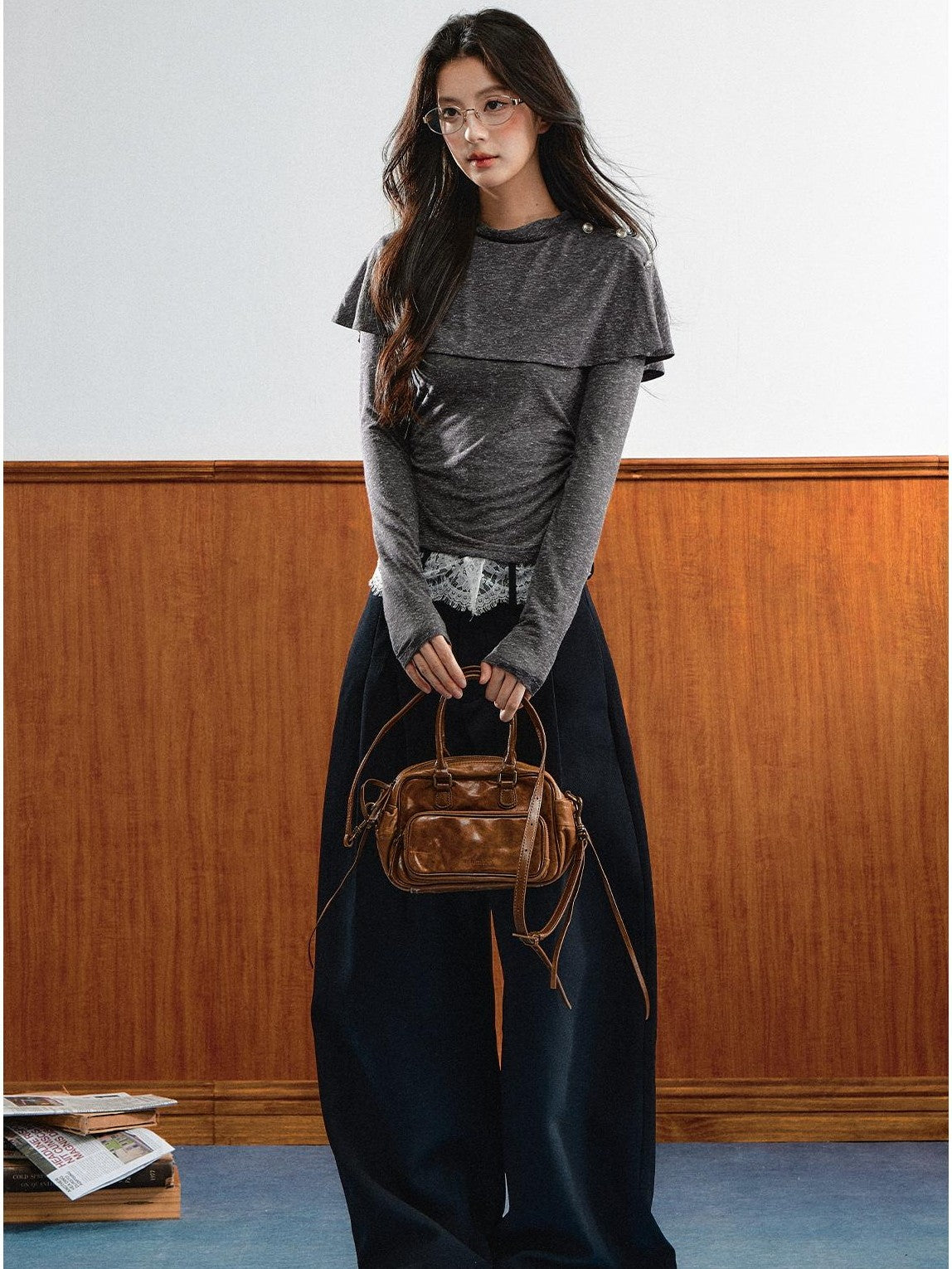 7Shiftin Double Collar Shirred Shoulder Women&