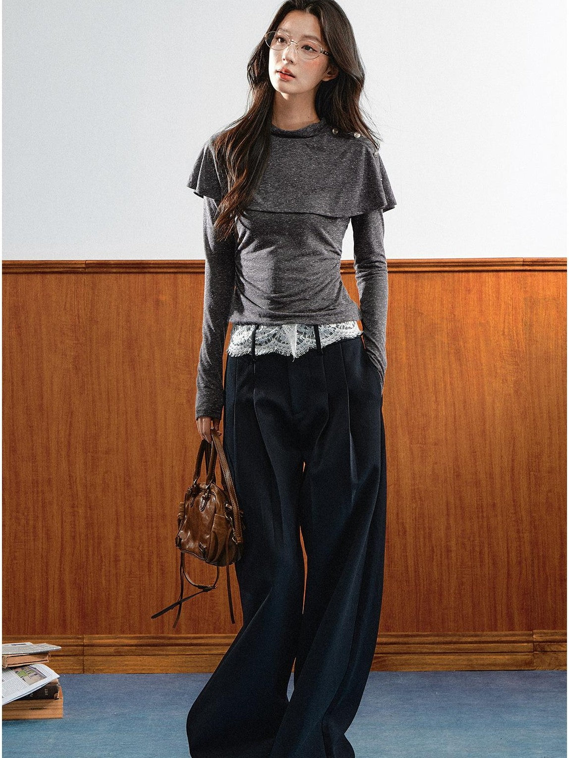 7Shiftin Double Collar Shirred Shoulder Women&