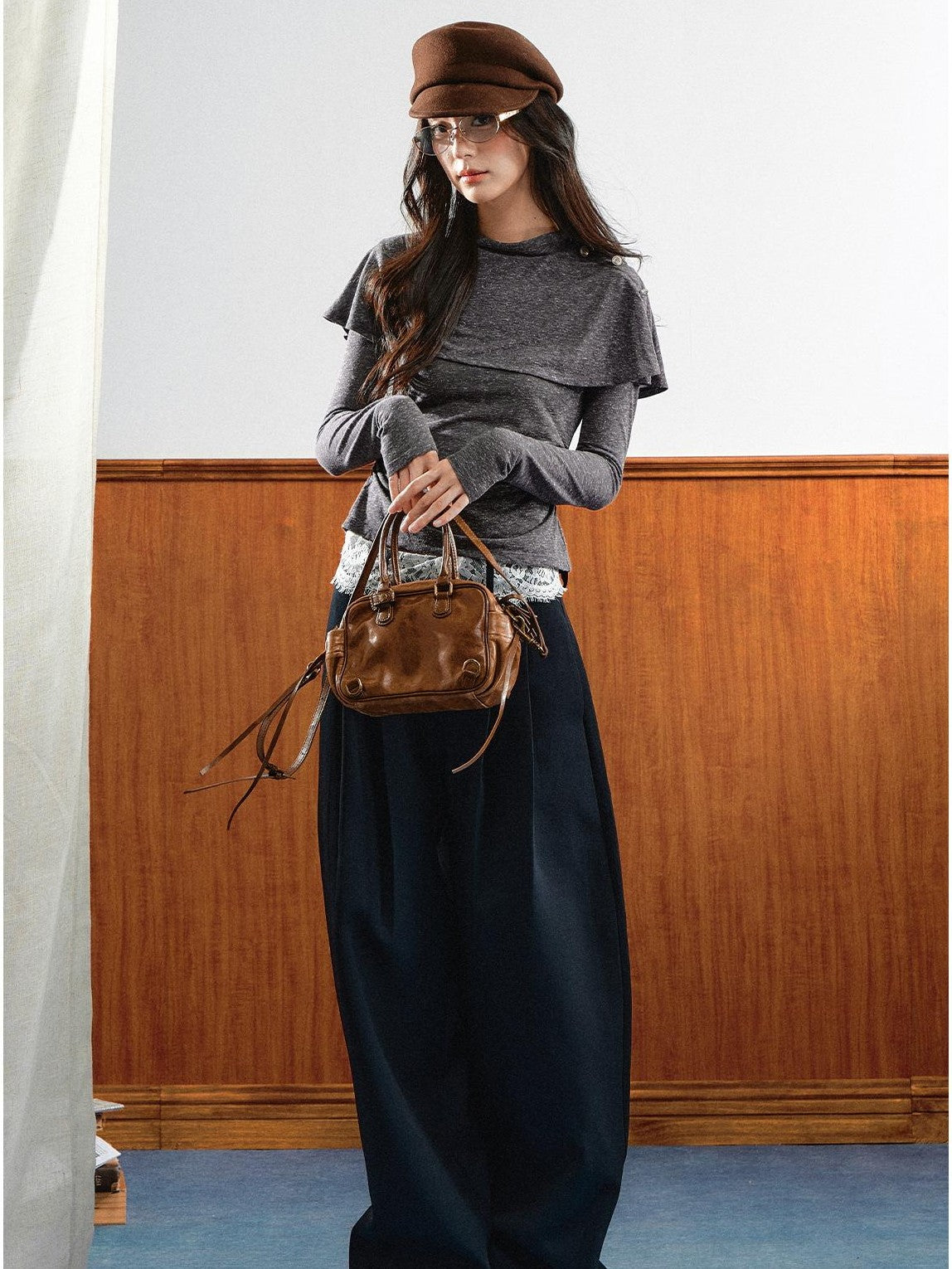 7Shiftin Double Collar Shirred Shoulder Women&
