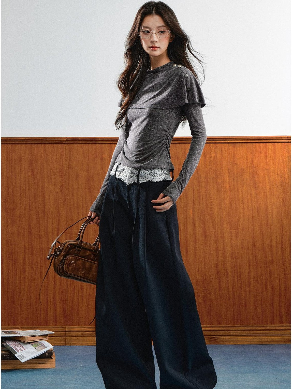 7Shiftin Double Collar Shirred Shoulder Women&