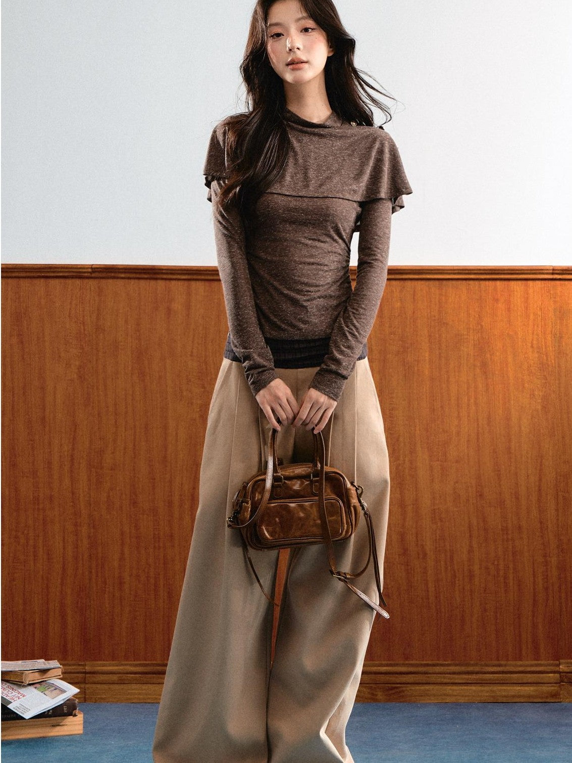 7Shiftin Double Collar Shirred Shoulder Women&
