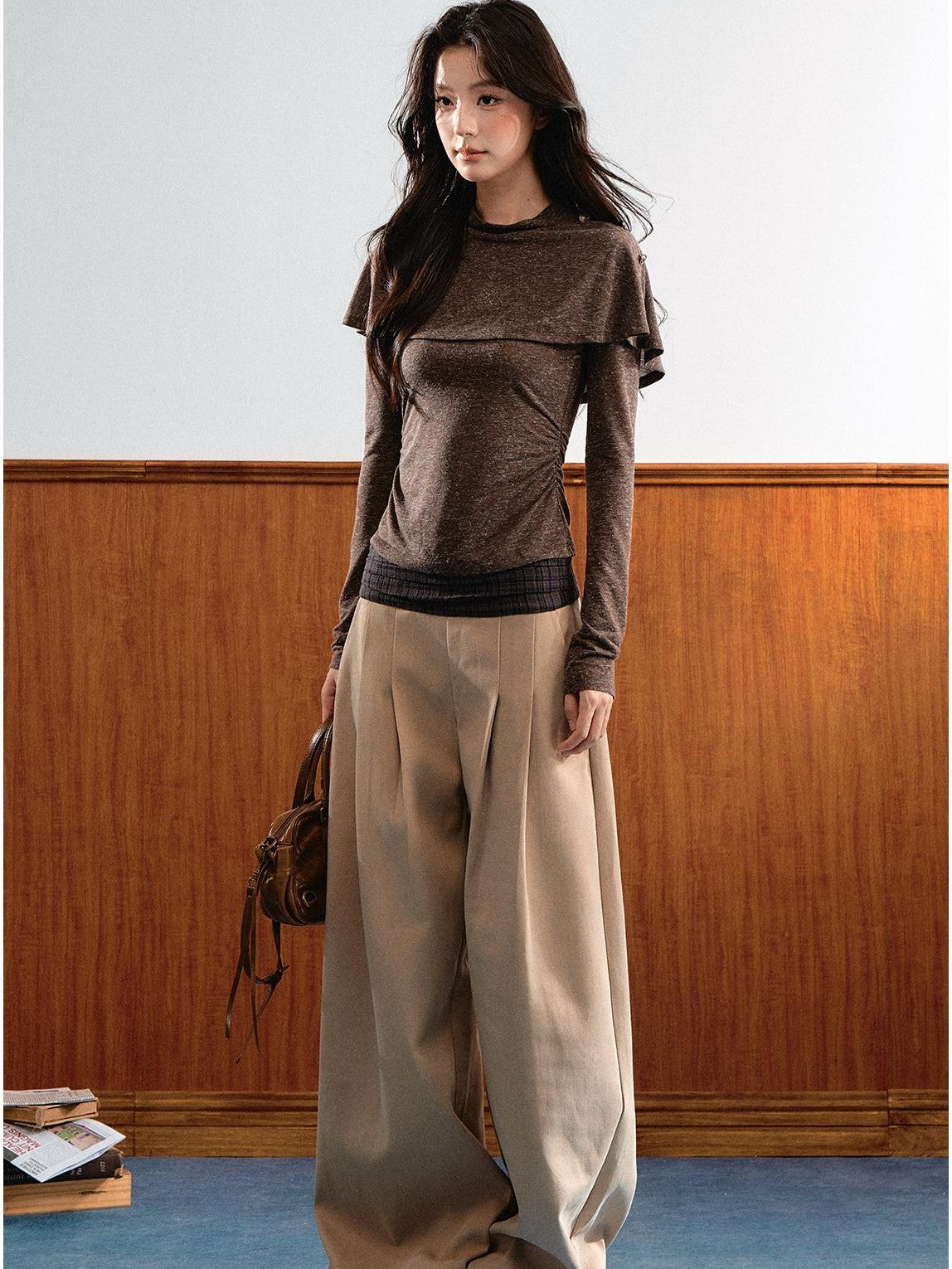 7Shiftin Double Collar Shirred Shoulder Women&