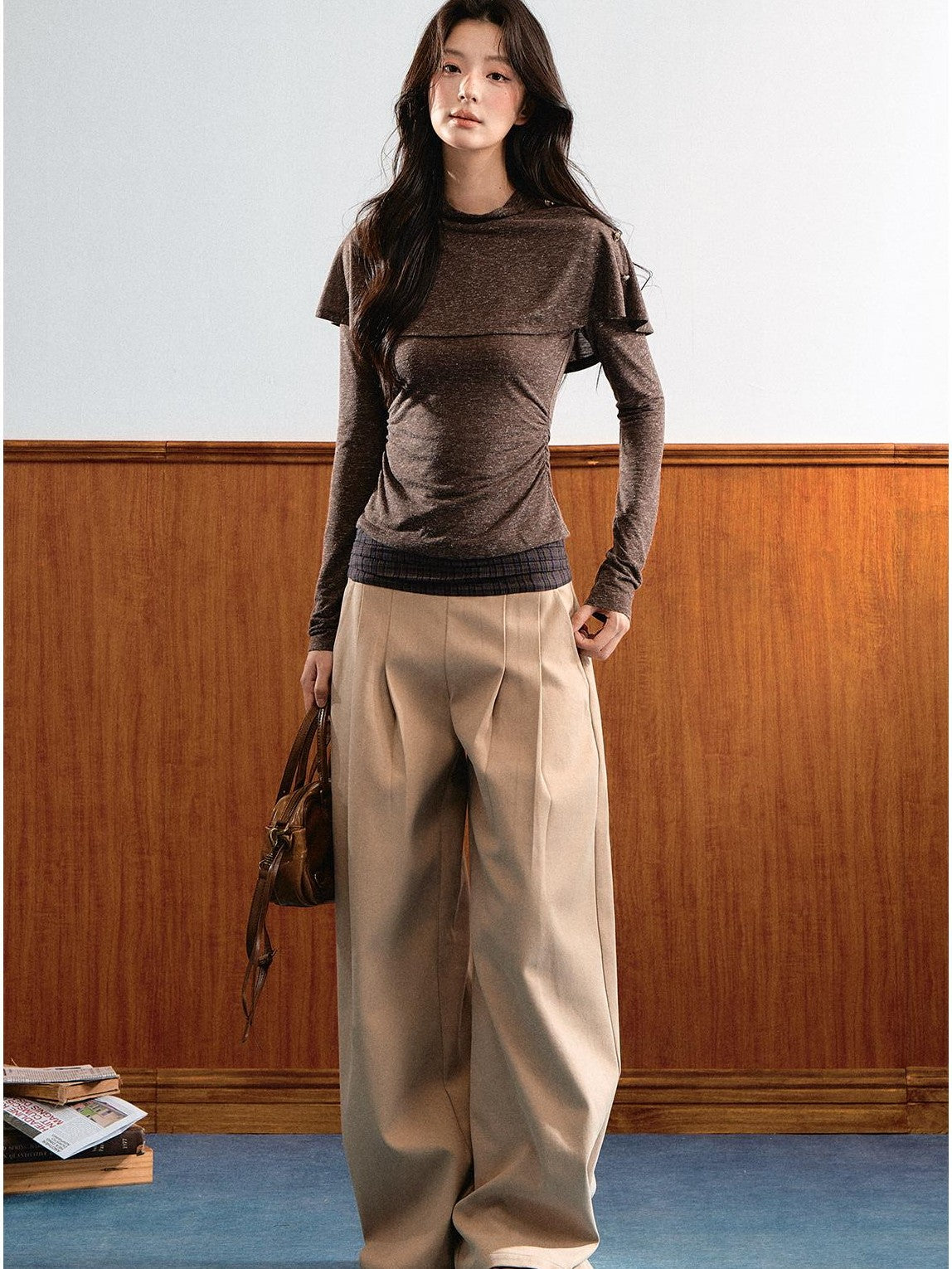7Shiftin Double Collar Shirred Shoulder Women&