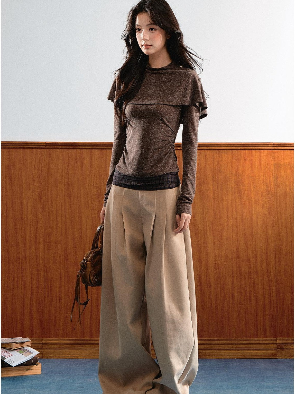 7Shiftin Double Collar Shirred Shoulder Women&