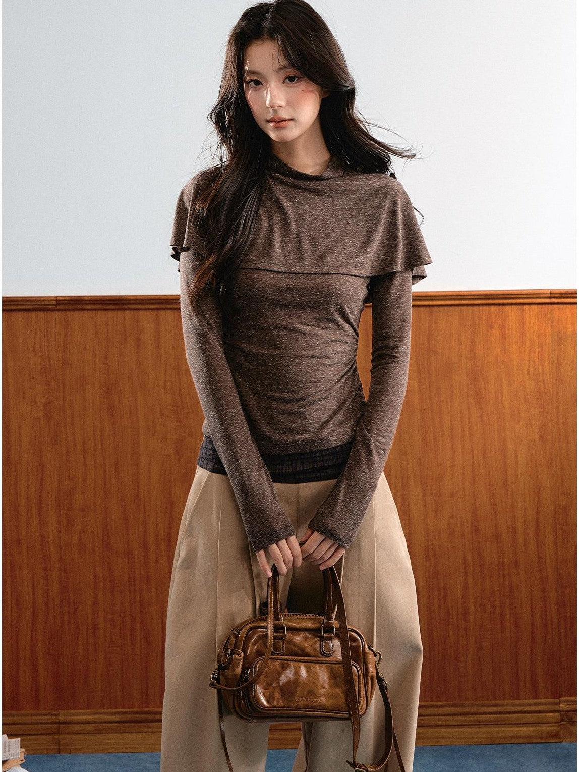 7Shiftin Double Collar Shirred Shoulder Women&